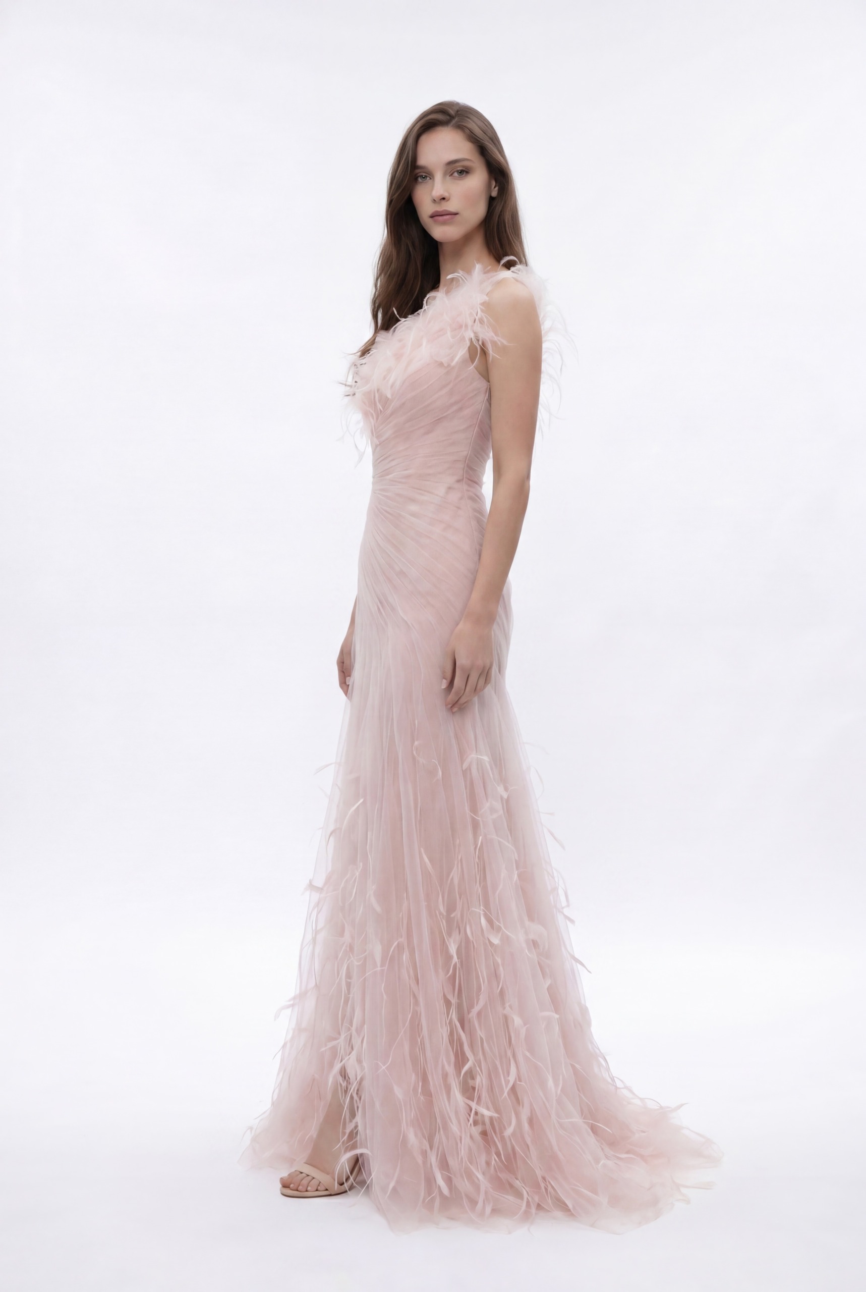 NCC249C Blush Pink One-Shoulder Draped Tulle Dress with Feather Details - 3
