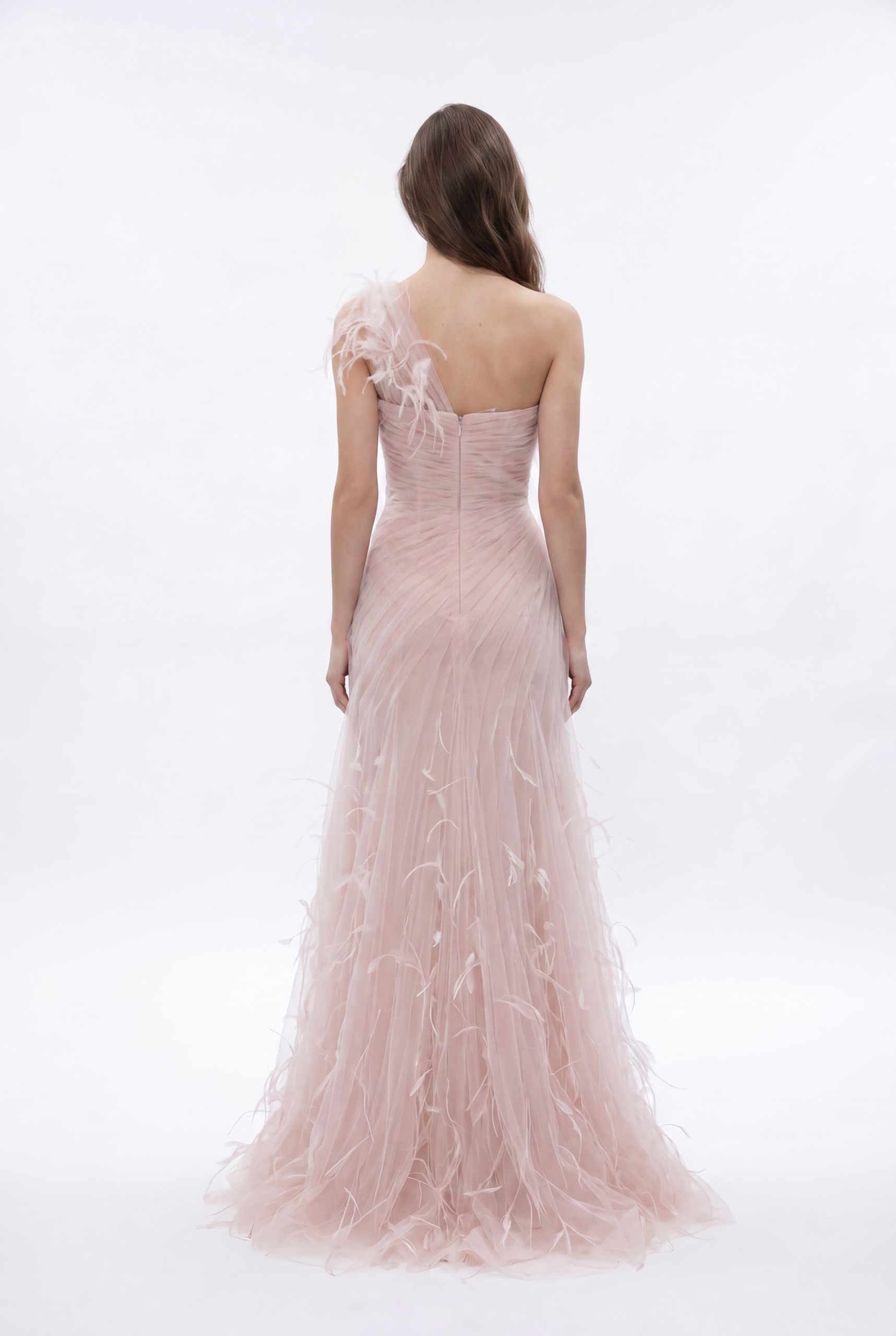 NCC249D Blush Pink One-Shoulder Draped Tulle Dress with Feather Details - 4