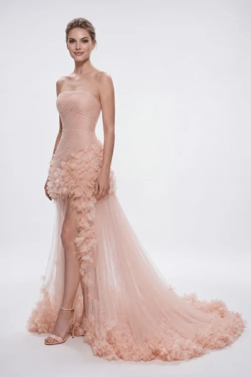 Blush Peach Strapless Draped Tulle Dress with 3D Floral Details