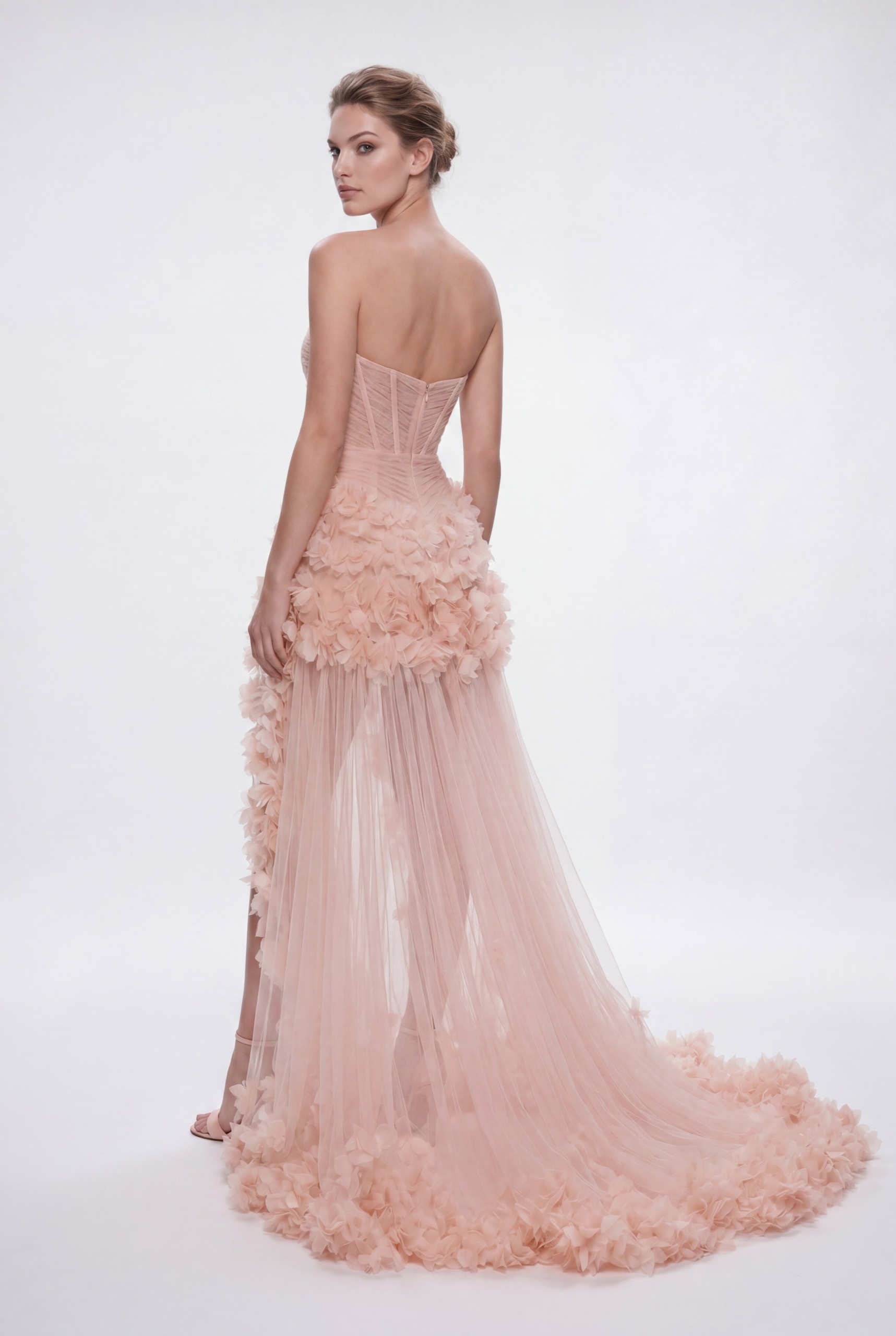 NCC250D Blush Peach Strapless Draped Tulle Dress with 3D Floral Details - 4