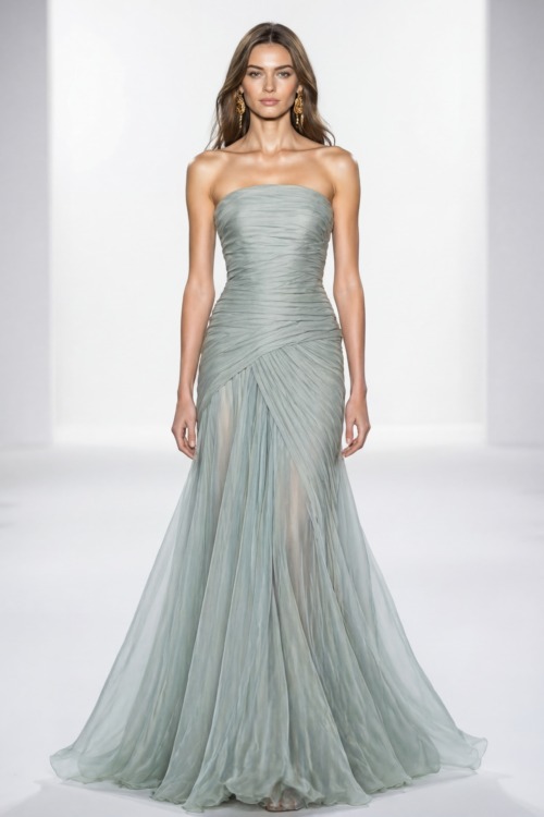 Soft Sage Strapless Draped Silk Chiffon Long Dress