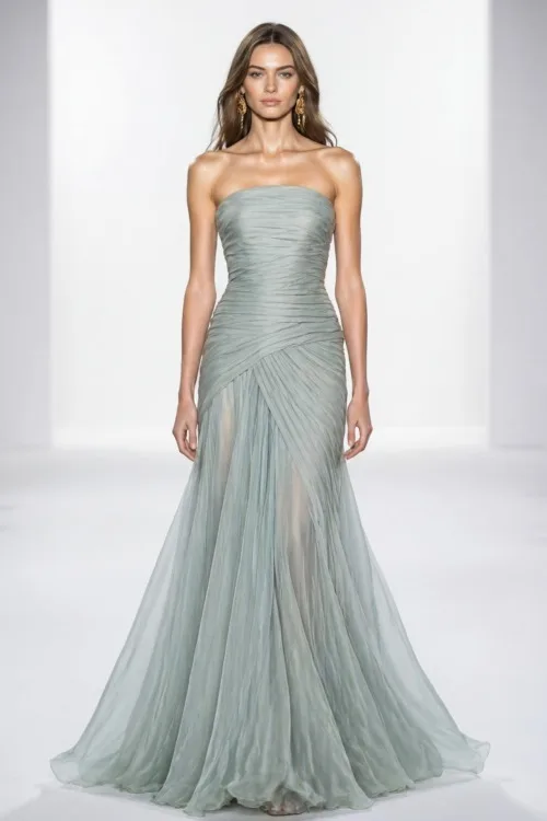 Soft Sage Strapless Draped Silk Chiffon Long Dress