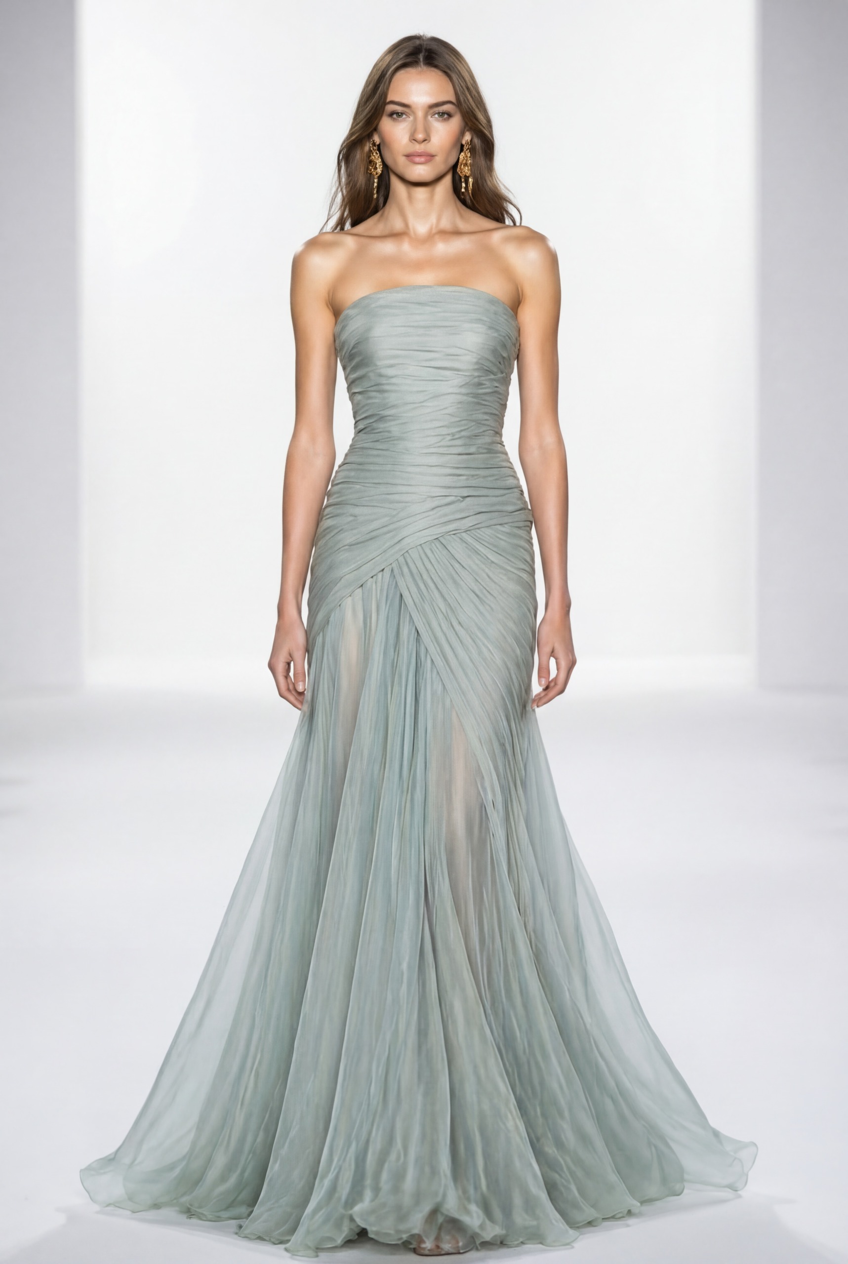 NCC251 Soft Sage Strapless Draped Silk Chiffon Long Dress - 1