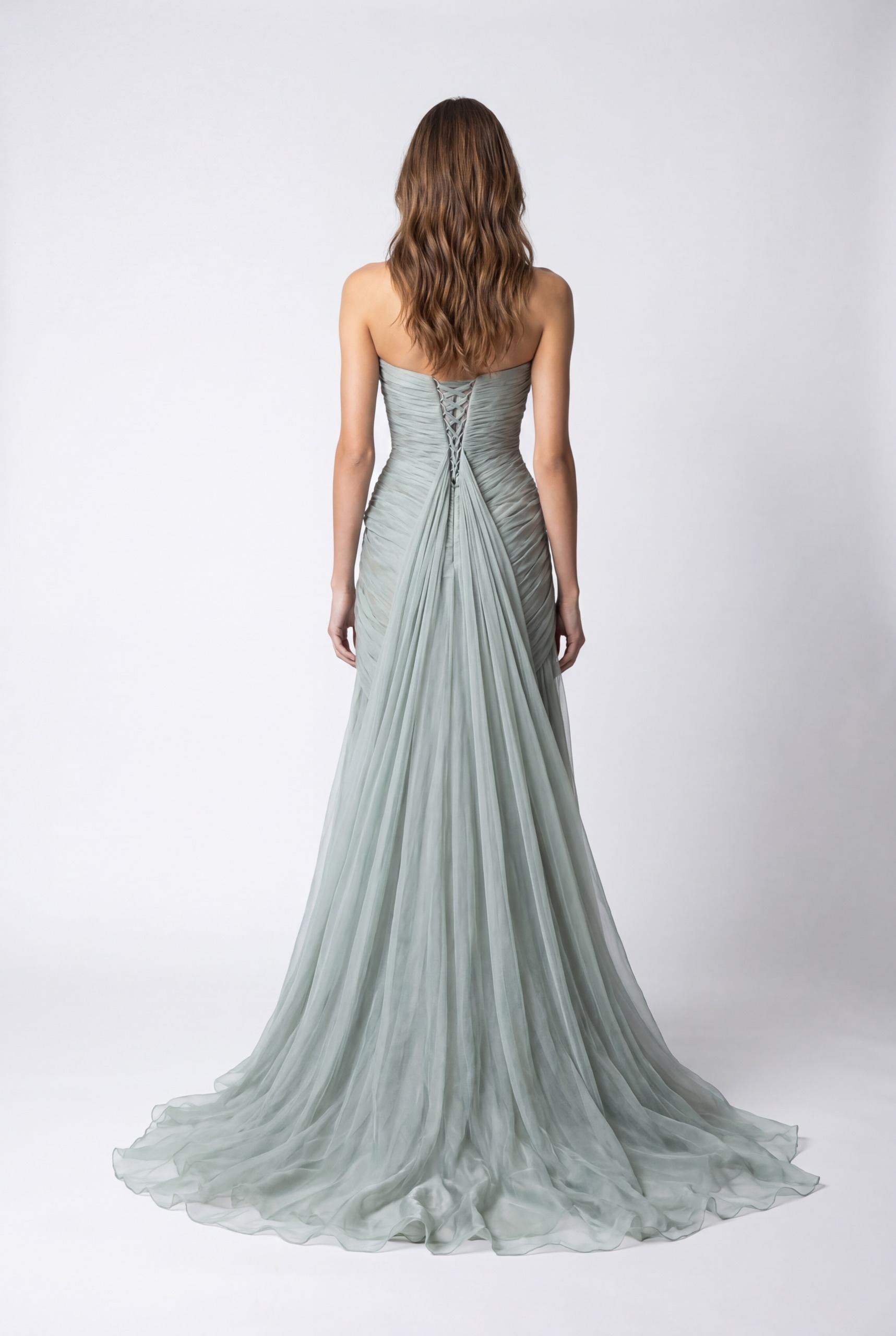 NCC251B Soft Sage Strapless Draped Silk Chiffon Long Dress - 2