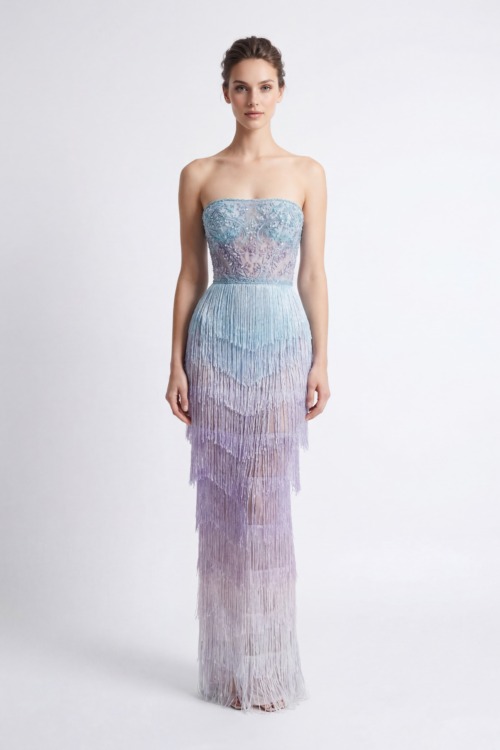 Pastel Gradient Strapless Fringe Dress with Embroidered Bodice