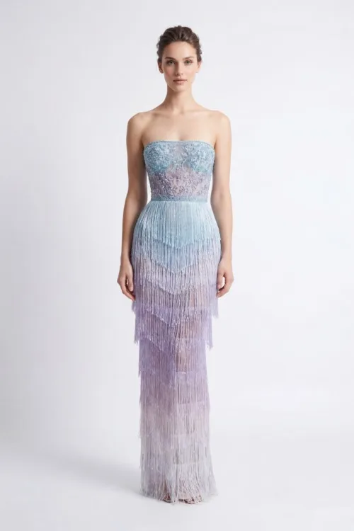 Pastel Gradient Strapless Fringe Dress with Embroidered Bodice