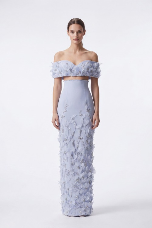 Soft Ice Blue Off-Shoulder Floral Appliqué Dress
