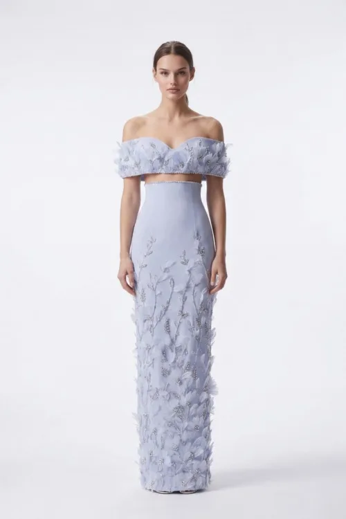 Soft Ice Blue Off-Shoulder Floral Appliqué Dress