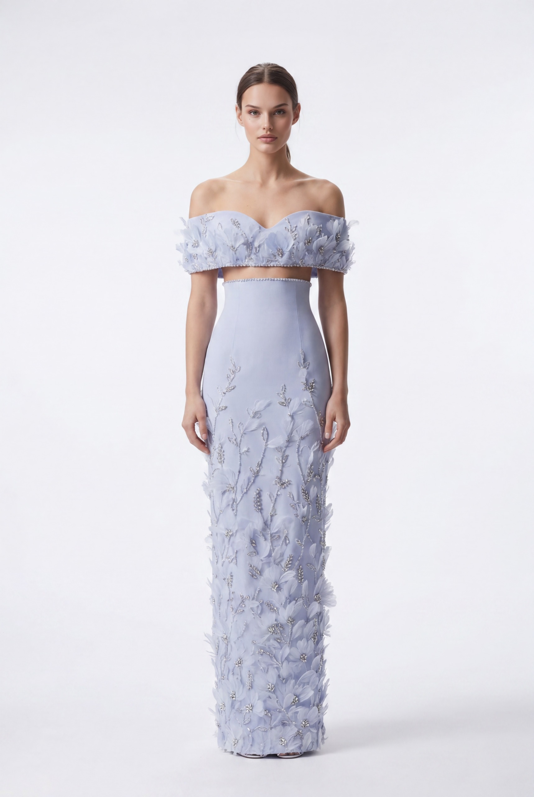 NCC253 Soft Ice Blue Off-Shoulder Floral Appliqué Dress - 1