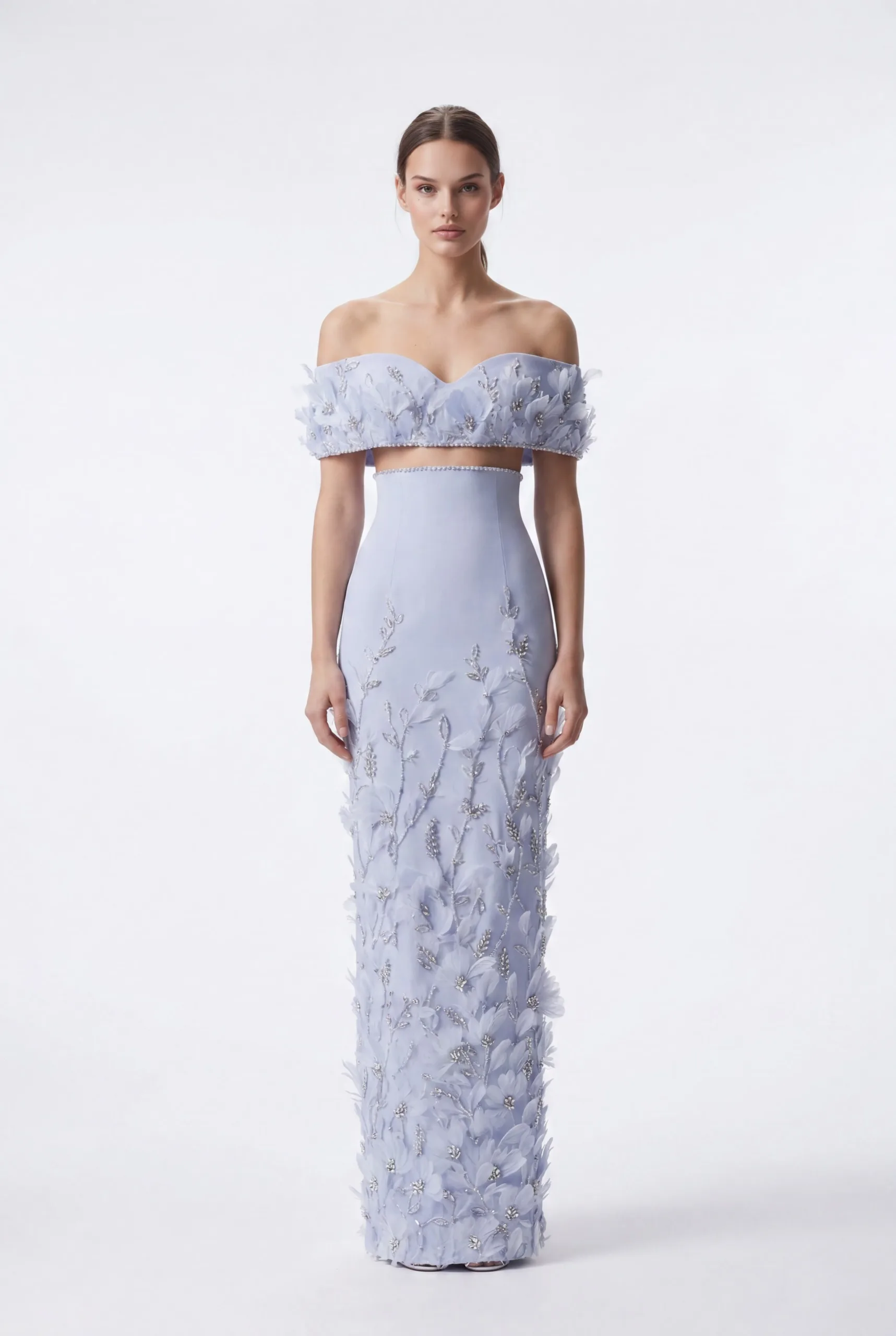 NCC253 Soft Ice Blue Off-Shoulder Floral Appliqué Dress - 1