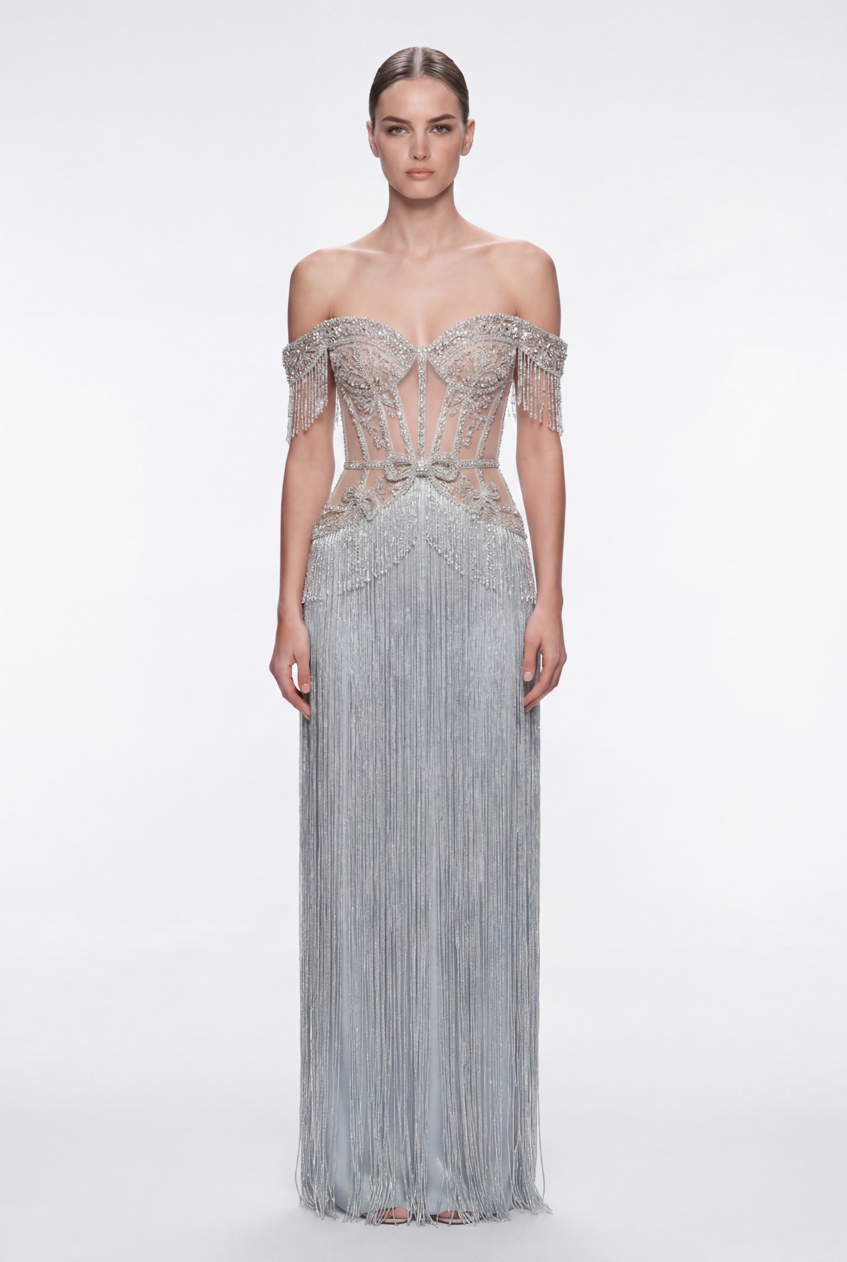 NCC255 Ice Silver Crystal Fringe Couture Dress with Off-Shoulder Embellished Corset - 2