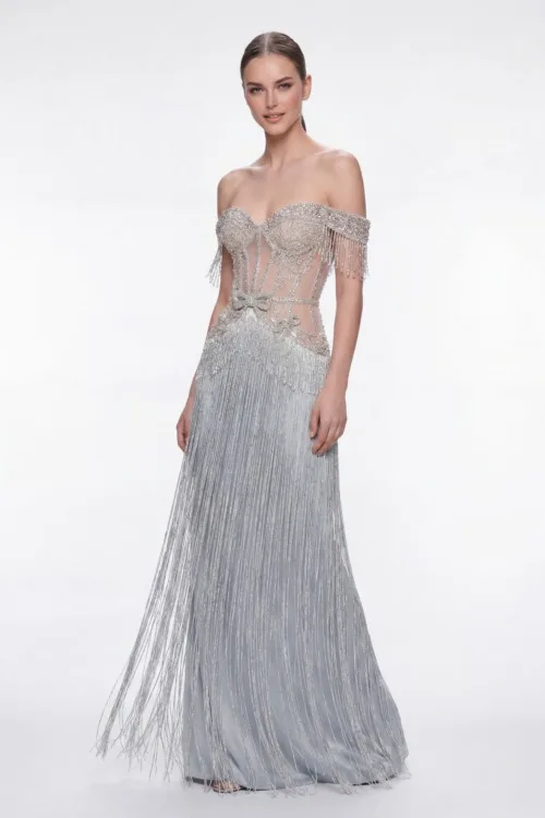 Ice Silver Crystal Fringe Couture Dress with Off-Shoulder Embellished Corset