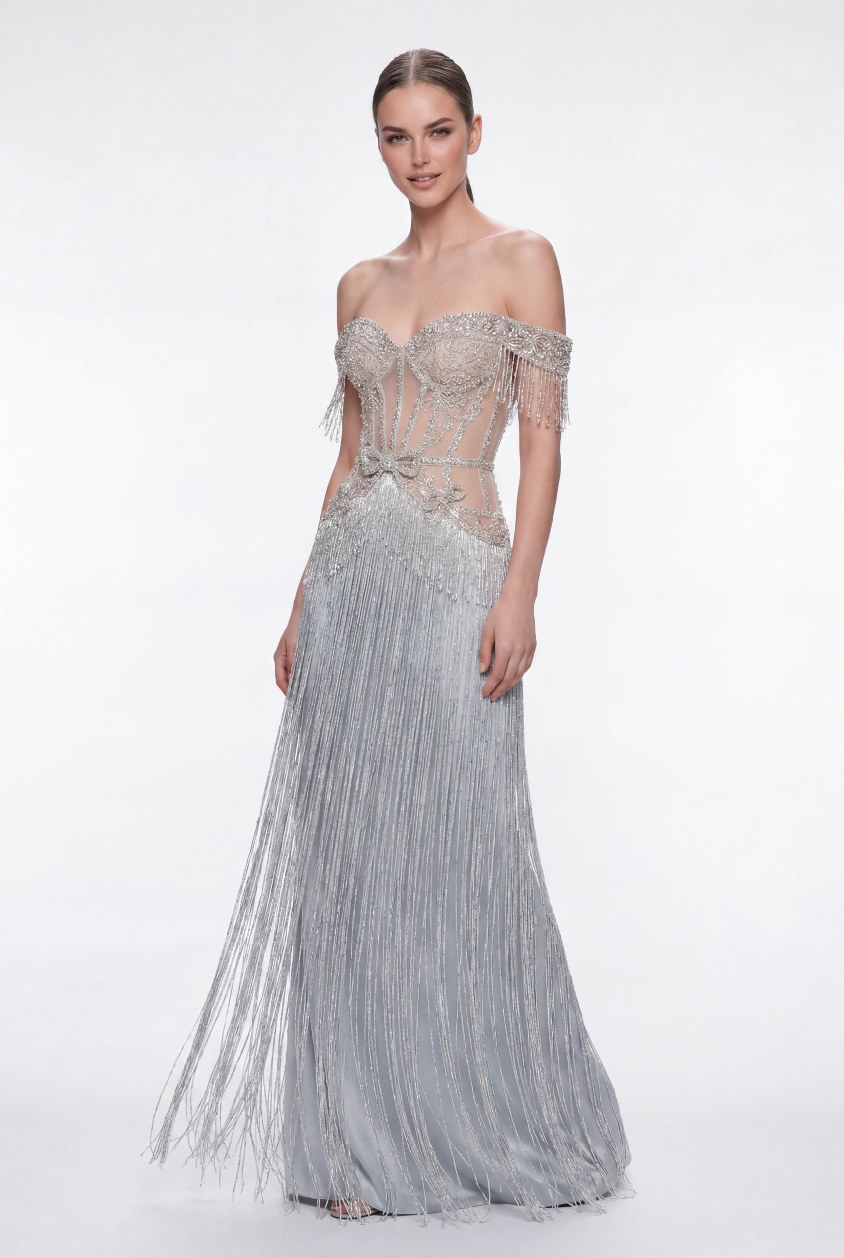 NCC255B Ice Silver Crystal Fringe Couture Dress with Off-Shoulder Embellished Corset - 1