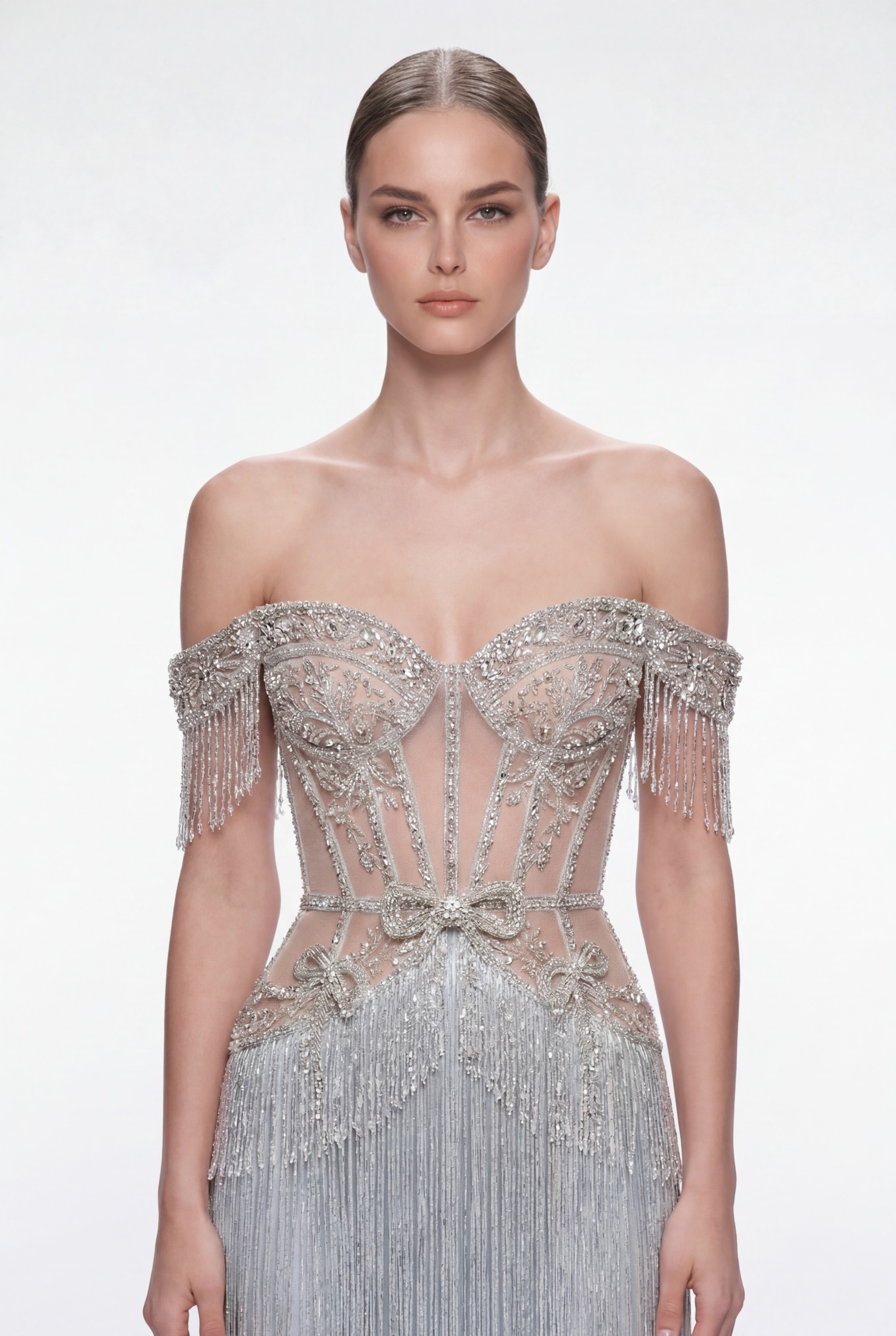 NCC255C Ice Silver Crystal Fringe Couture Dress with Off-Shoulder Embellished Corset - 4