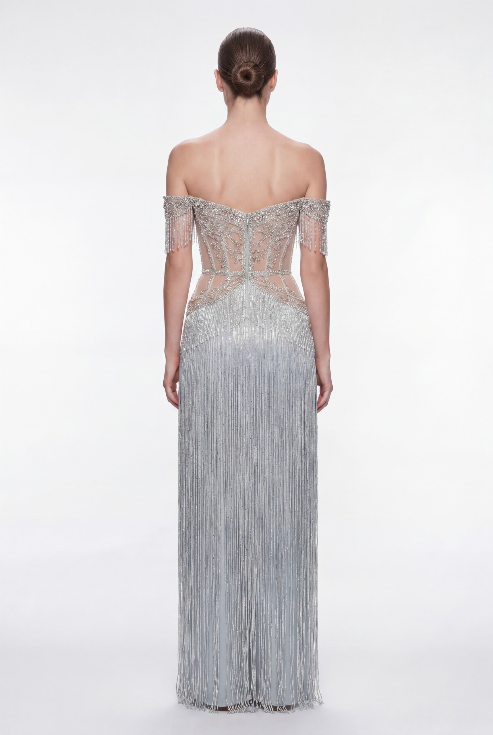 NCC255E Ice Silver Crystal Fringe Couture Dress with Off-Shoulder Embellished Corset - 5