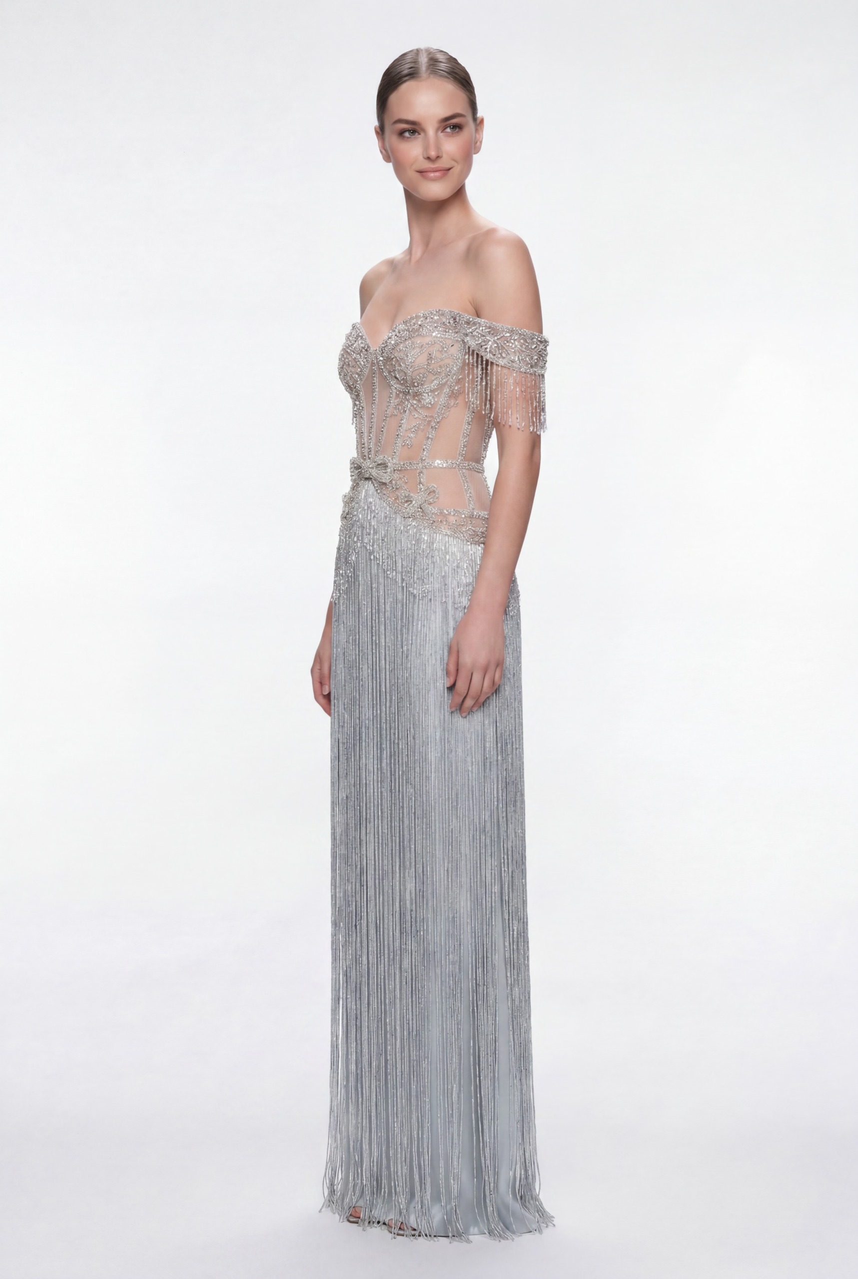 NCC255F Ice Silver Crystal Fringe Couture Dress with Off-Shoulder Embellished Corset - 6