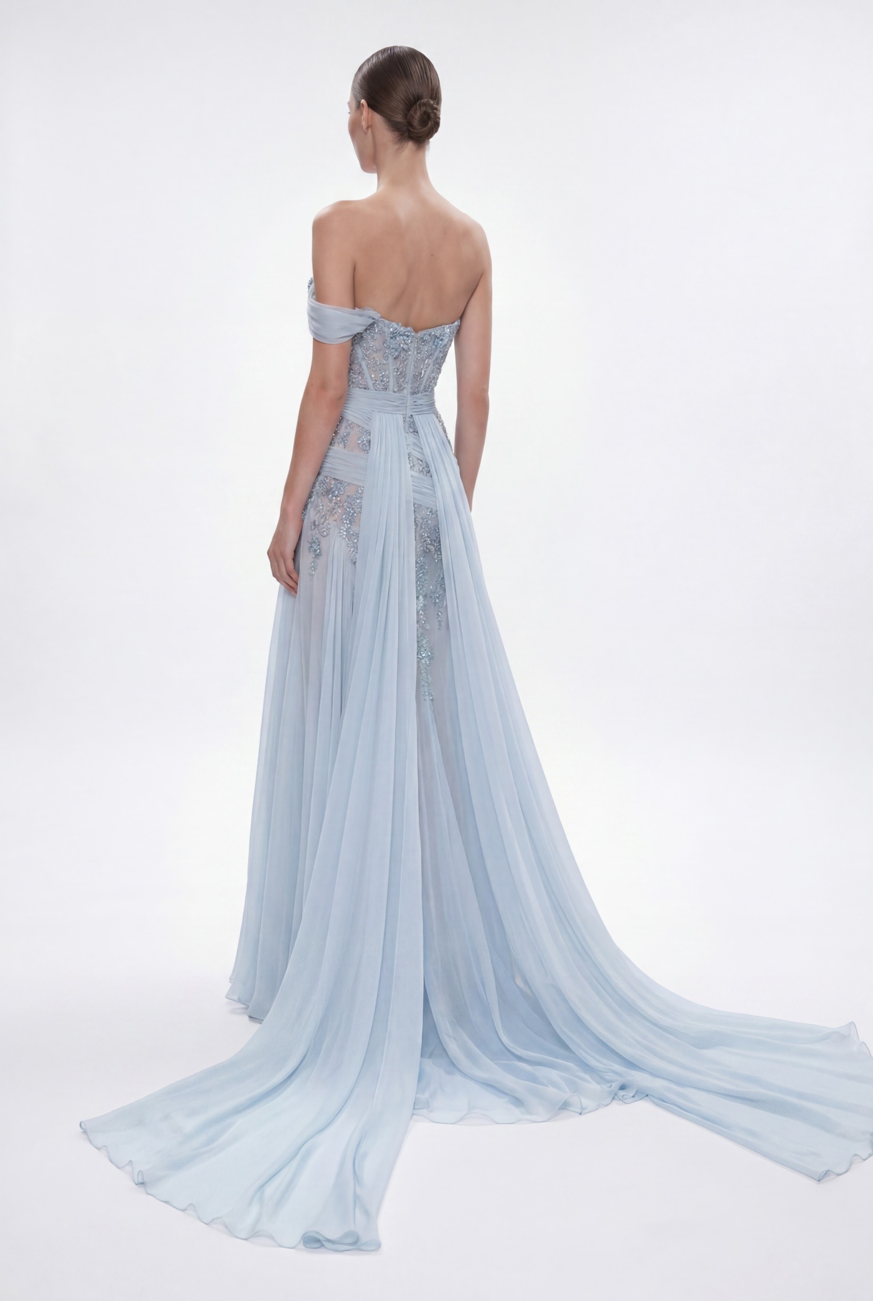 NCC261C Ice Blue Silk Draped Embellished Couture Evening Dress - 2