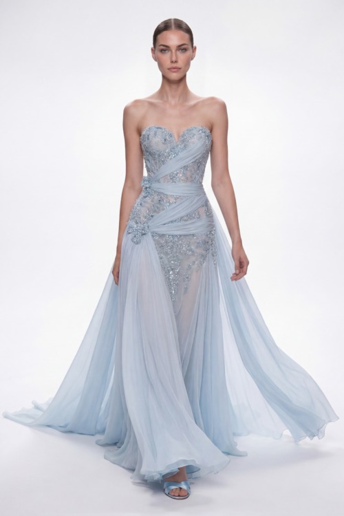 Ice Blue Silk Draped Embellished Couture Evening Dress