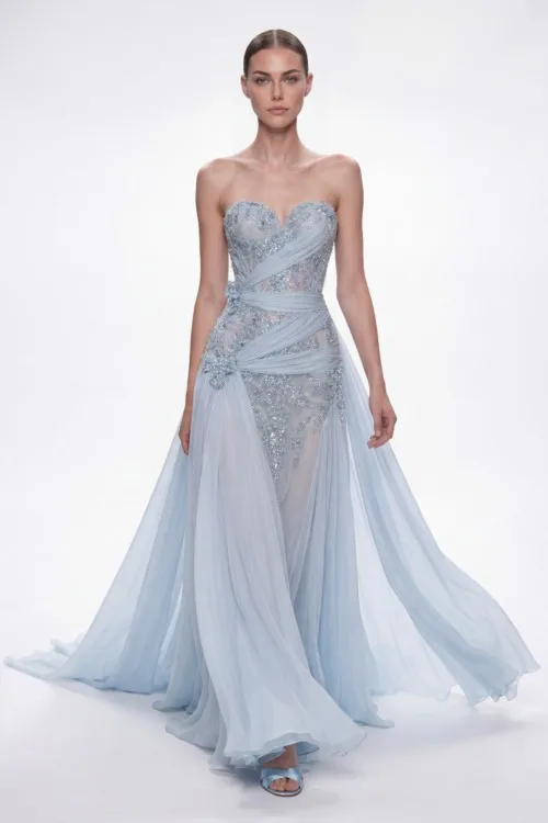 Ice Blue Silk Draped Embellished Couture Evening Dress