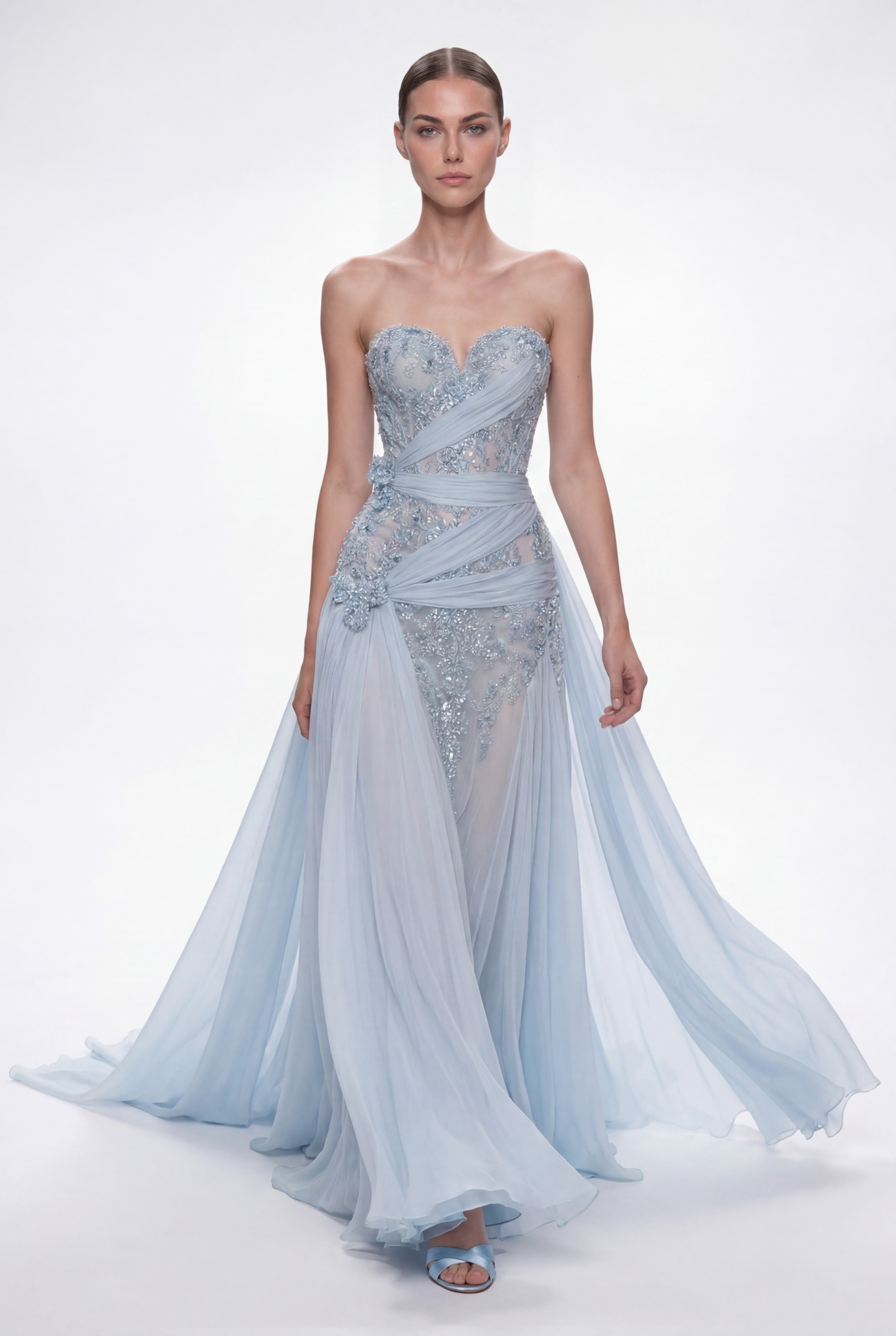 NCC261E Ice Blue Silk Draped Embellished Couture Evening Dress - 1