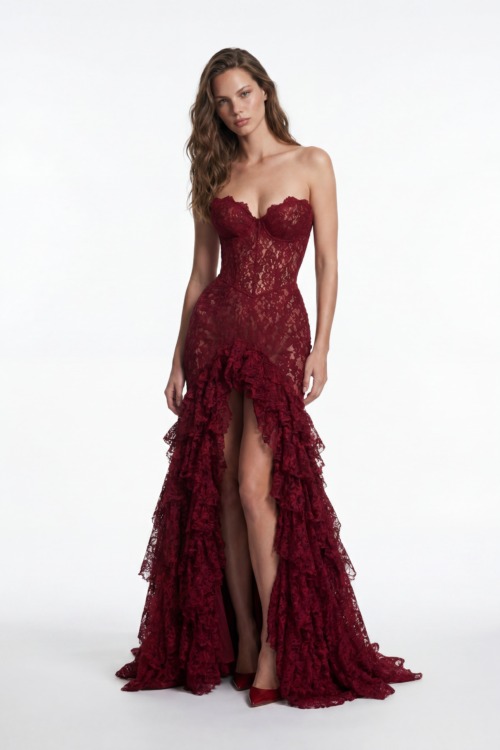 Burgundy Lace Corset High-Low Couture Evening Dress