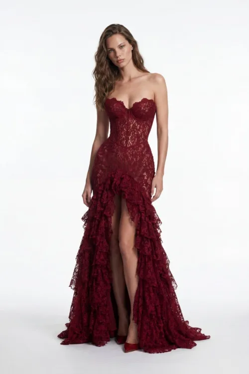 Burgundy Lace Corset High-Low Couture Evening Dress