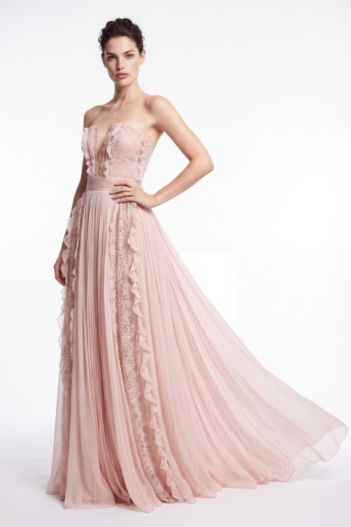 Pleated Chiffon & Lace Couture Gown