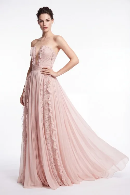 Pleated Chiffon & Lace Couture Gown