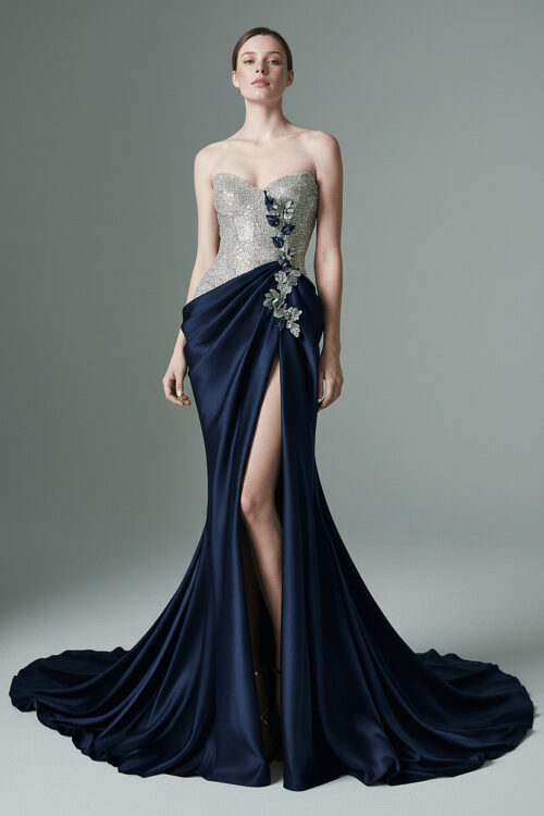 Midnight Blue Draped Gown with Crystal Embellished Bodice