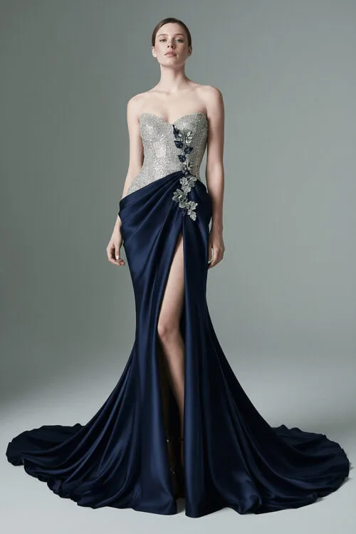 Midnight Blue Draped Gown with Crystal Embellished Bodice