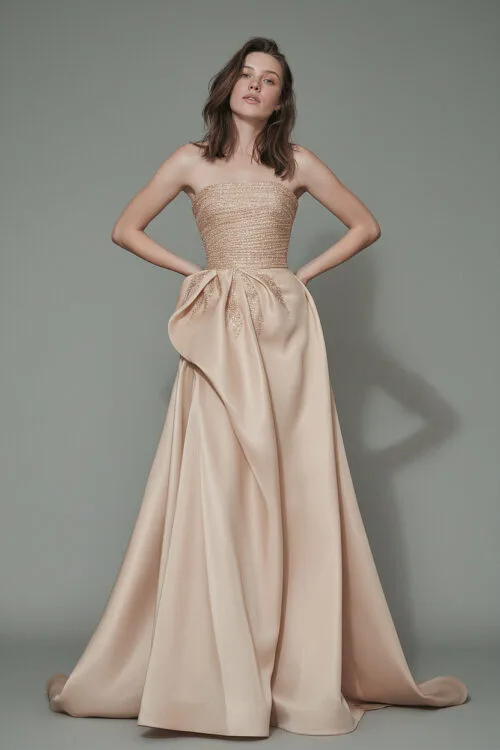 Champagne Strapless Embelloshed Couture Dress