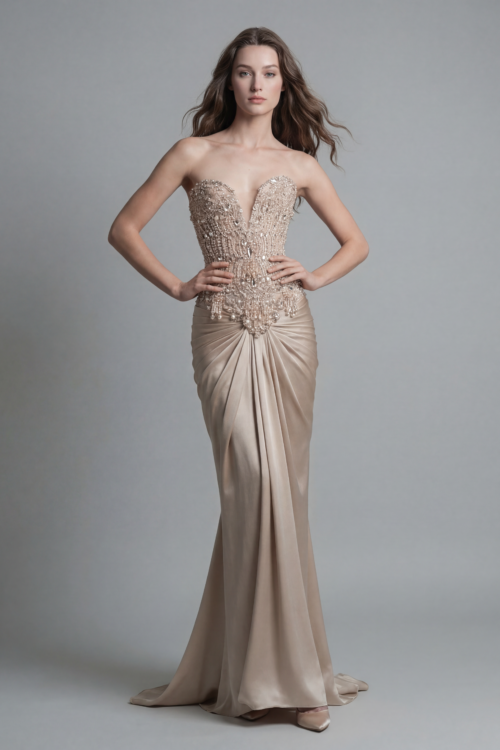 Champagne Hand Embellished Draped Evening Dress