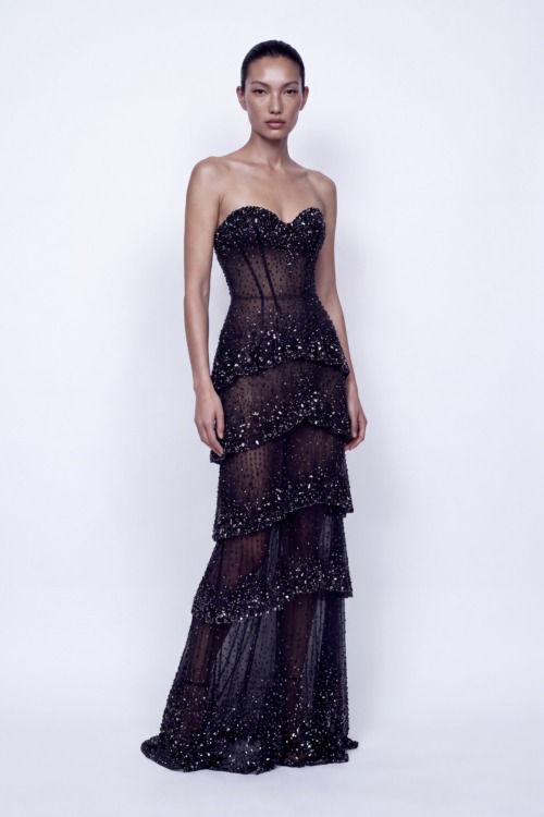Black Strapless Crystal Embellished Sheer Tiered Evening Gown