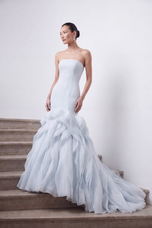 Ice Blue Strapless Sculpted Organza Mermaid Gown