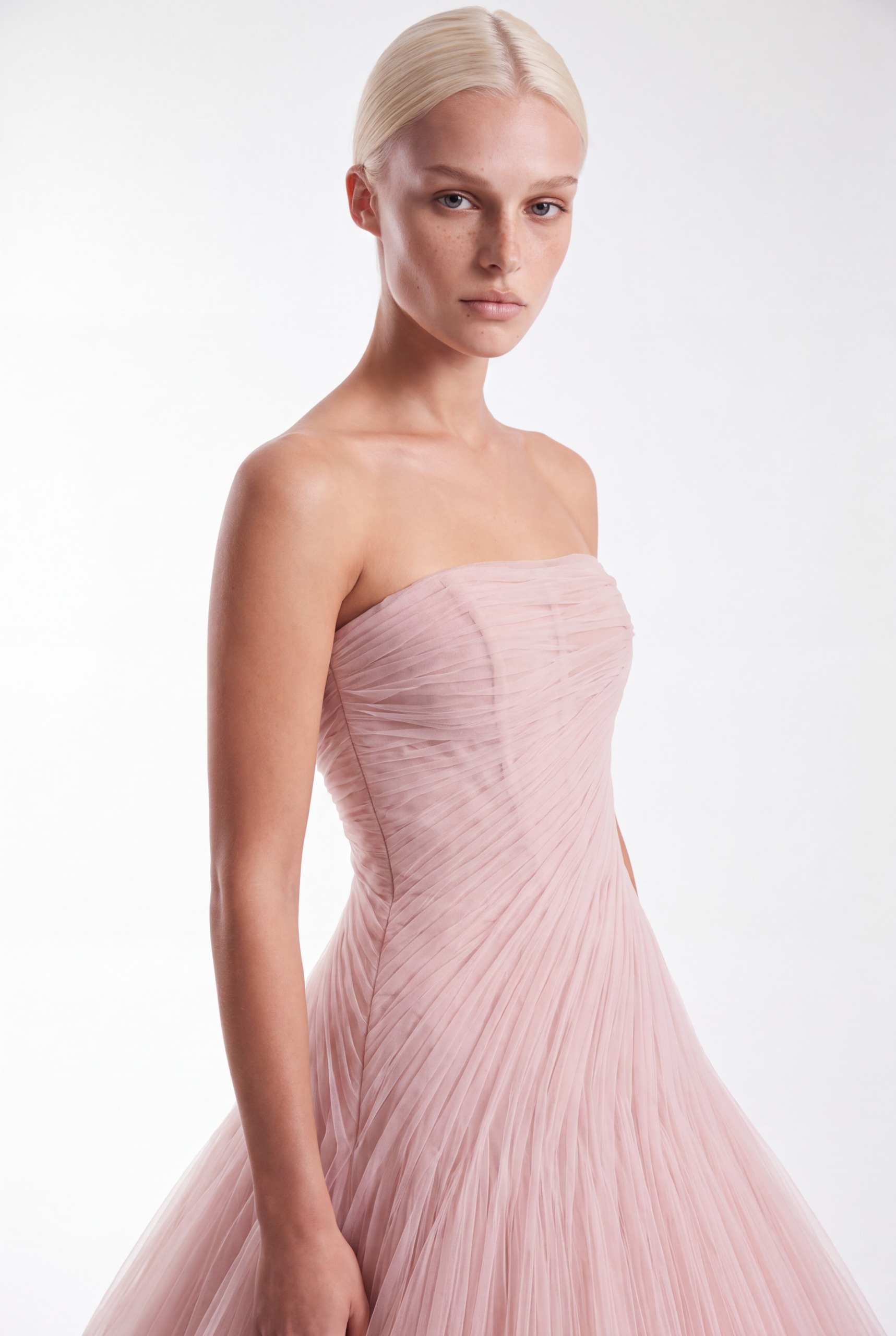 NCCF27-906 Blush Pink Strapless Draped Tulle A-Line Ball Gown - 2
