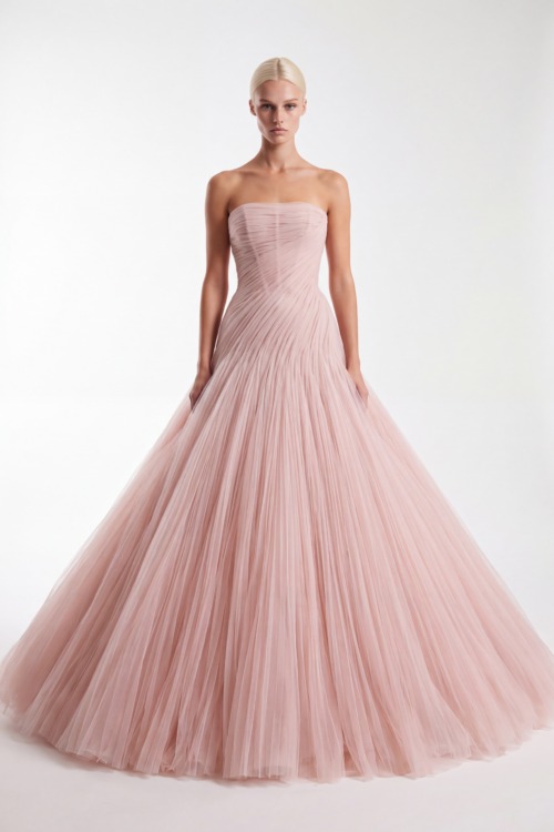 Blush Pink Strapless Draped Tulle A-Line Ball Gown