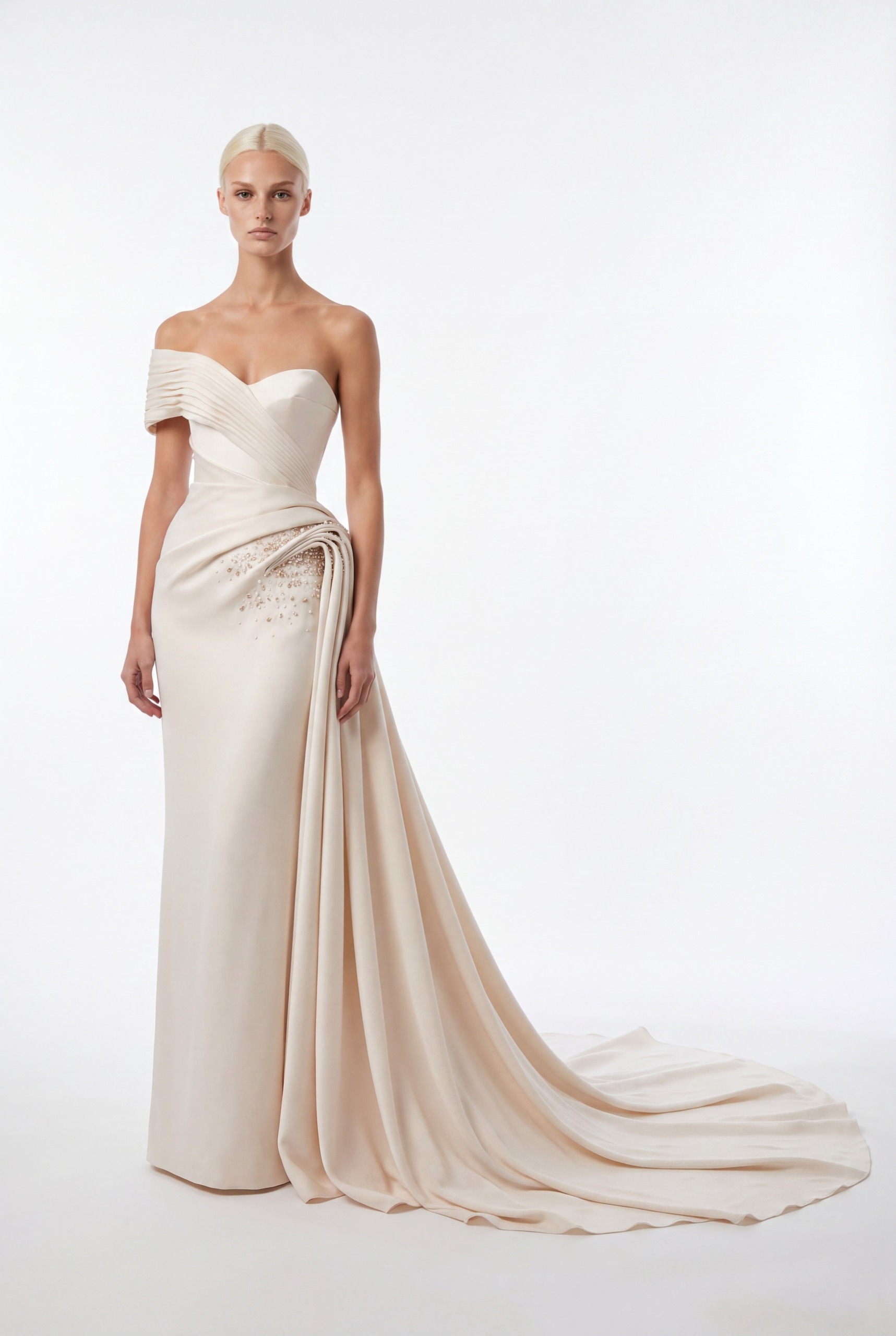 NCCF27-908 Ivory One-Shoulder Draped Embellished Dress with Flowing Train - 1