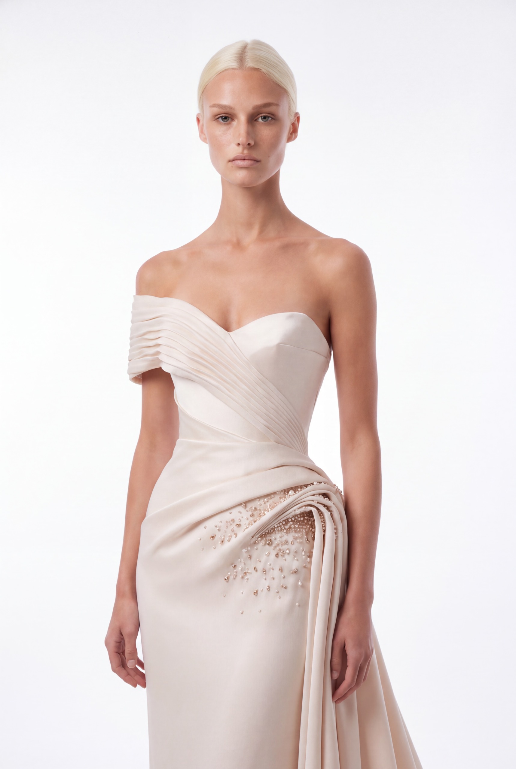 NCCF27-908B Ivory One-Shoulder Draped Embellished Dress with Flowing Train - 2