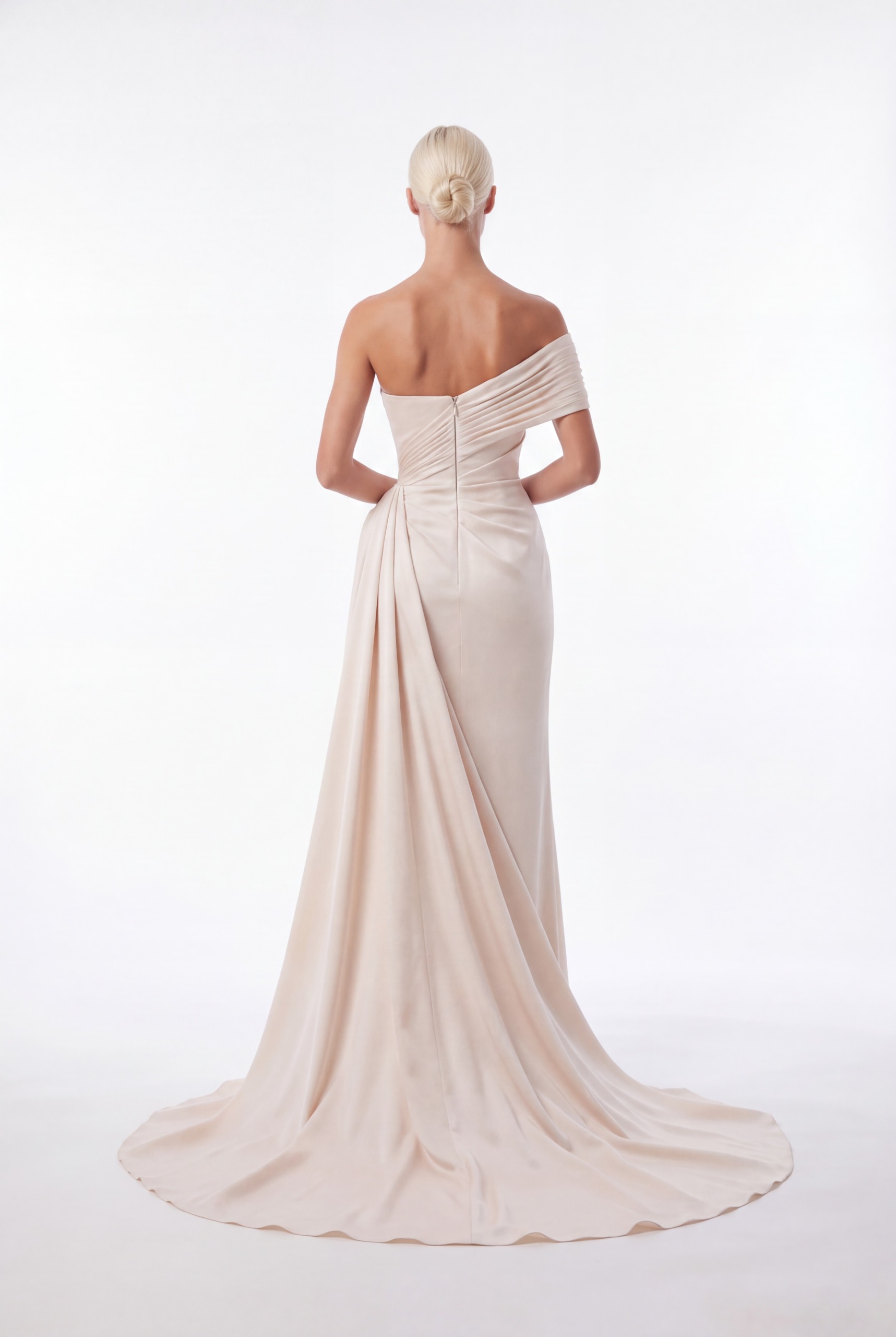 NCCF27-908C Ivory One-Shoulder Draped Embellished Dress with Flowing Train - 3