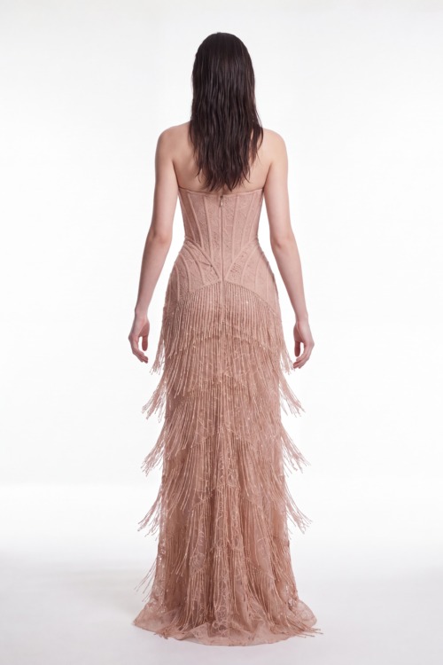 Dusty Rose Strapless Embroidered Lace Fringe Mermaid Gown - 4
