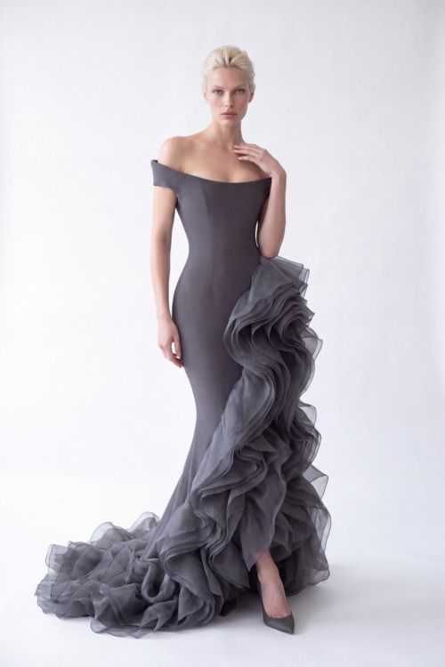 Charcoal Grey Off-Shoulder Sculpted Organza Ruffle Mermaid Gown