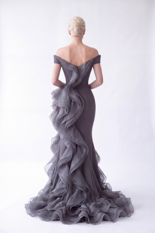 Charcoal Grey Off-Shoulder Sculpted Organza Ruffle Mermaid Gown - 8
