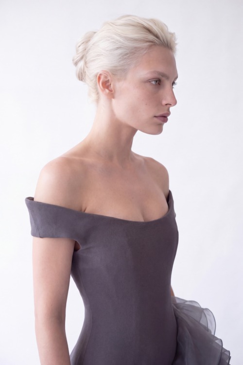 Charcoal Grey Off-Shoulder Sculpted Organza Ruffle Mermaid Gown - 7