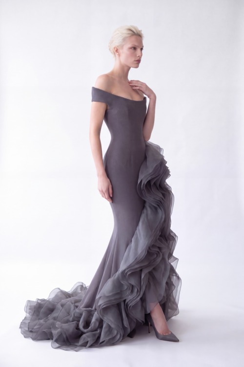 Charcoal Grey Off-Shoulder Sculpted Organza Ruffle Mermaid Gown - 6