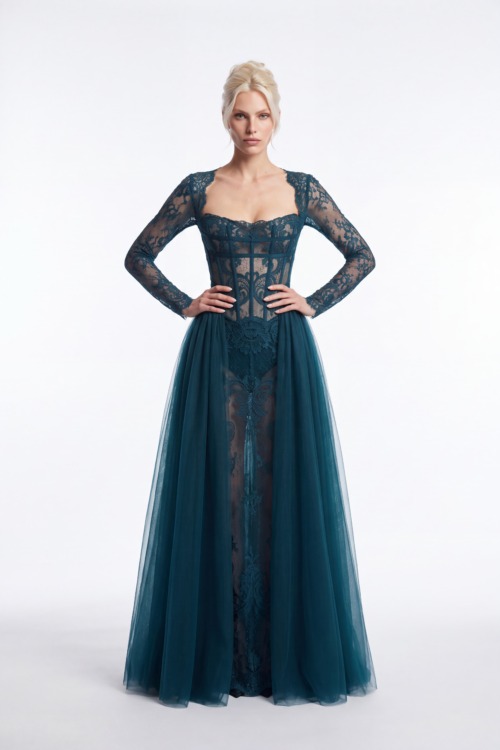 Deep Petrol Blue Lace Corset Gown with Sheer Tulle Overskirt