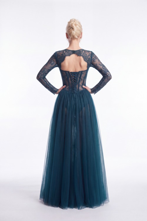 Deep Petrol Blue Lace Corset Gown with Sheer Tulle Overskirt - 4