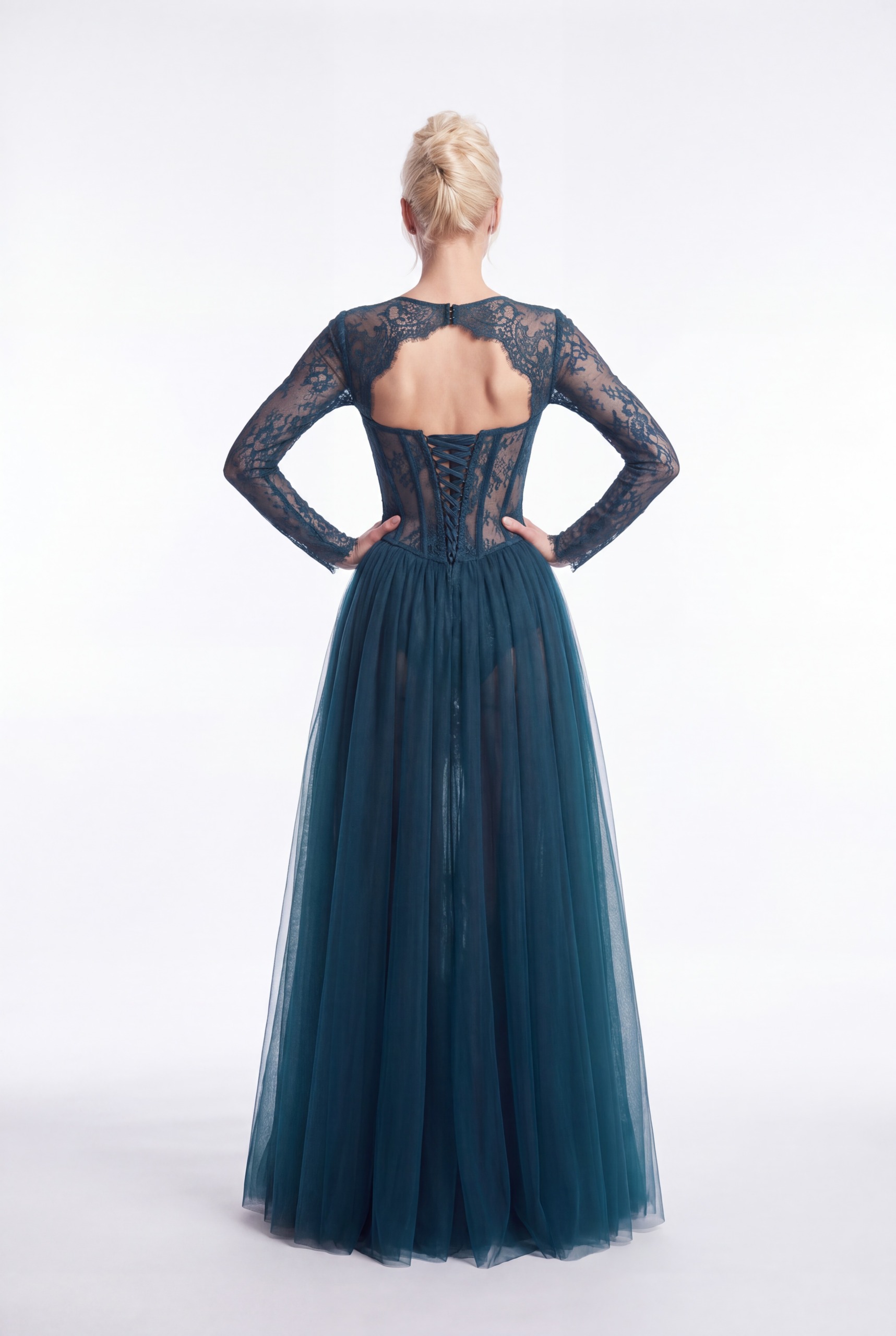 NCCF27-919B Deep Petrol Blue Lace Corset Gown with Sheer Tulle Overskirt - 2