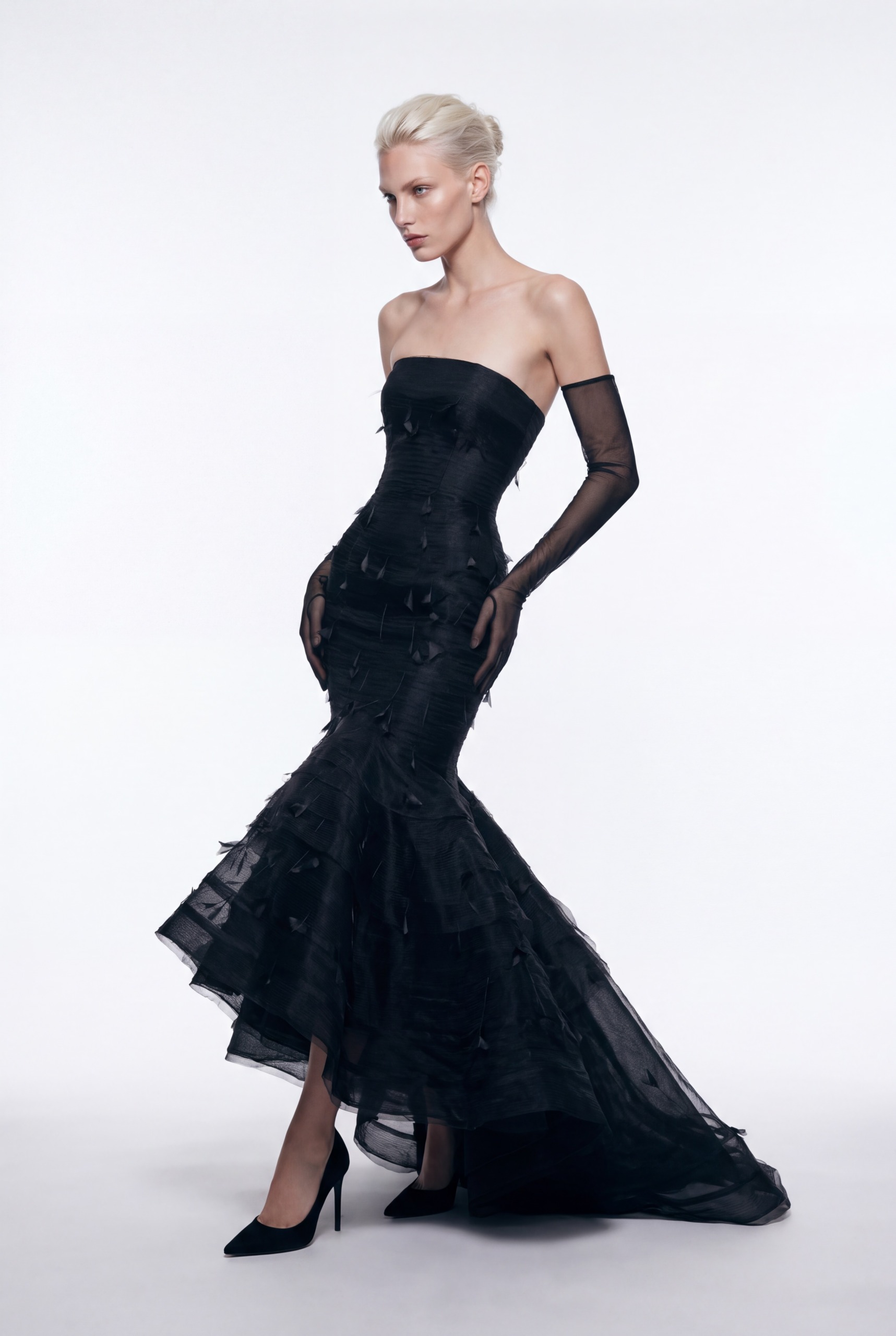 NCCF27-921 Black Strapless Draped Tulle High-Low Mermaid Gown - 3