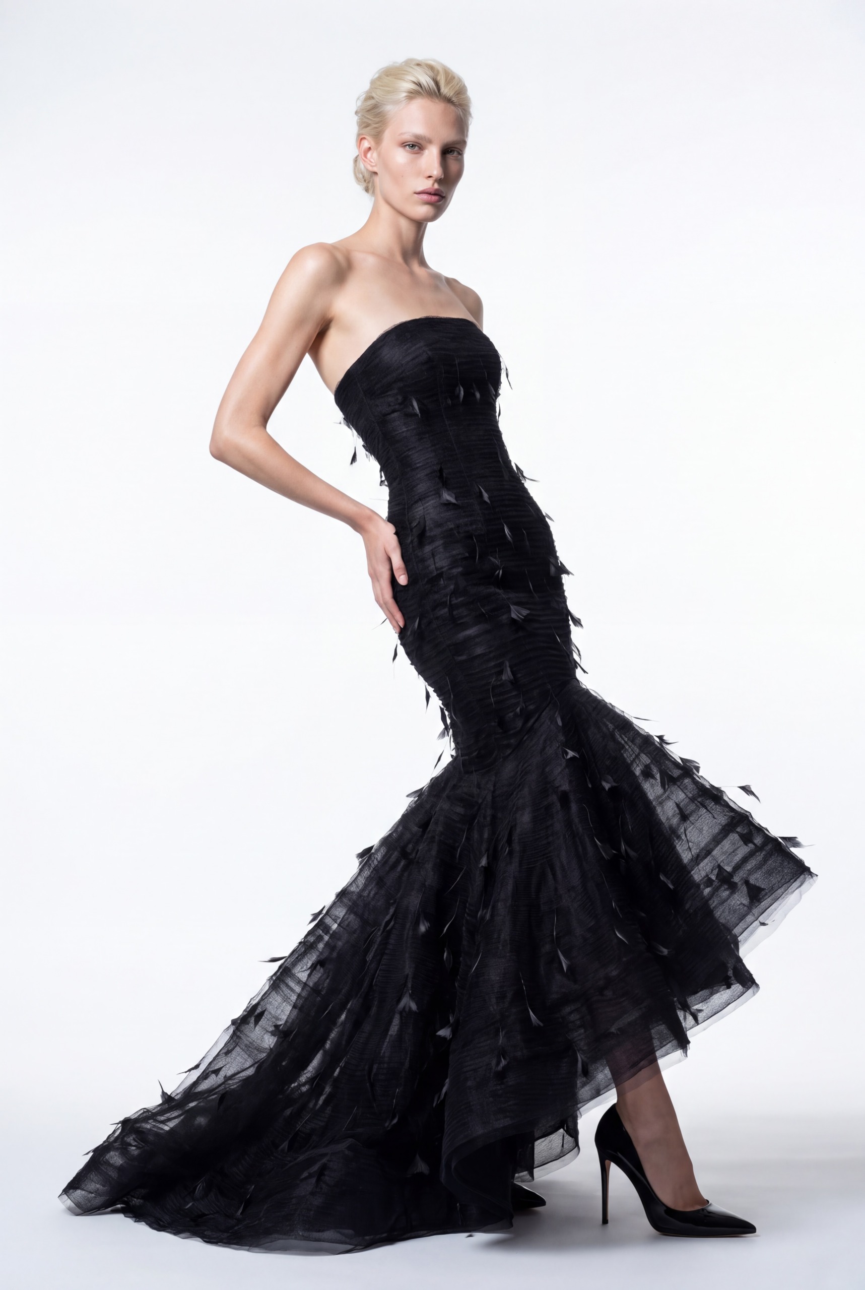 NCCF27-921B Black Strapless Draped Tulle High-Low Mermaid Gown - 1