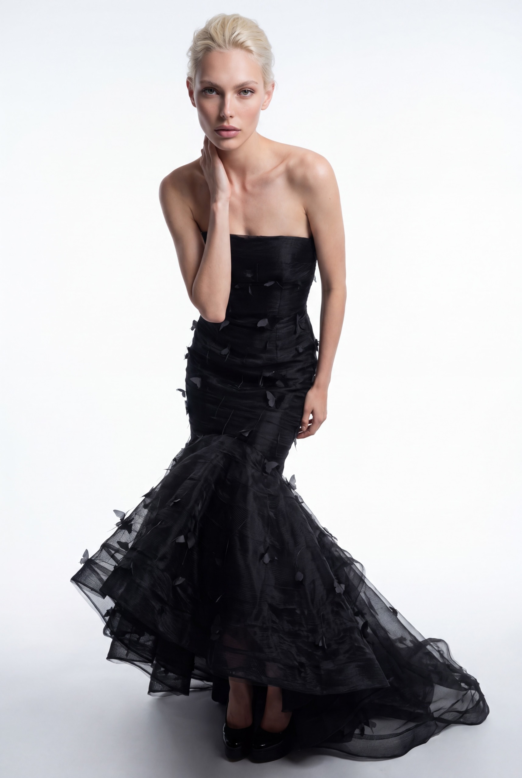 NCCF27-921C Black Strapless Draped Tulle High-Low Mermaid Gown - 2